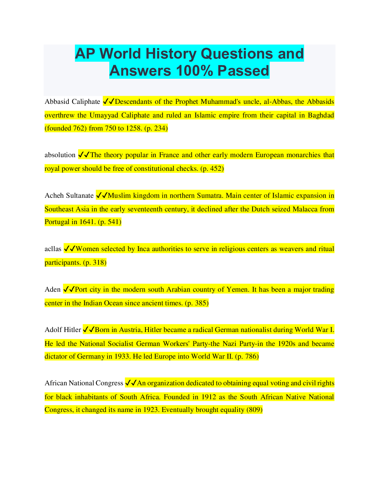 AP World History Questions and Answers 100 Passed